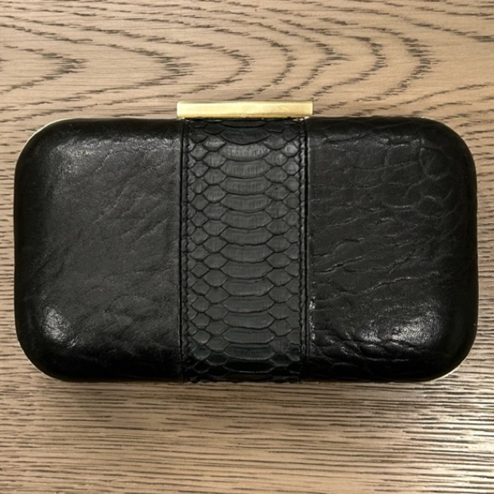 Me Char - "Edith" Black Leather & Python Clutch